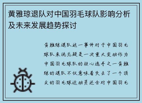 黄雅琼退队对中国羽毛球队影响分析及未来发展趋势探讨